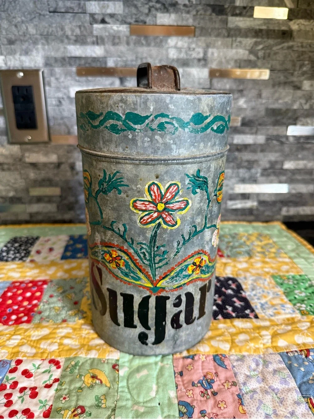 Vintage Hand-Painted Sugar Canister - Floral Tin